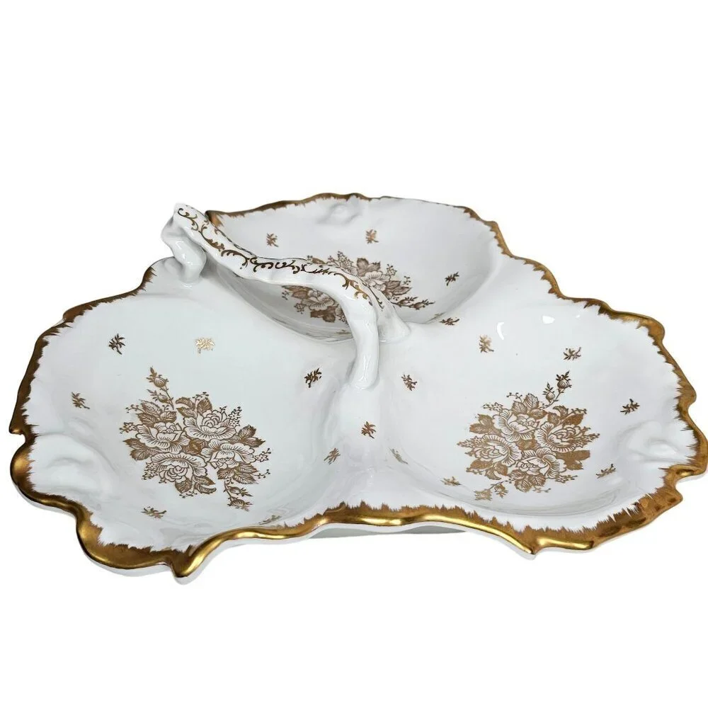 Vintage Porcelaine De France Hand Painted Divided Serving Dish Gold Trim & Flora